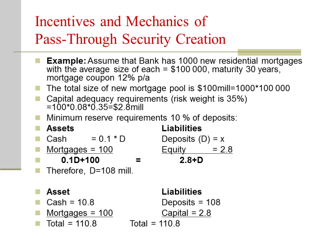 Incentives and Mechanics of Pass-Through Security Creation Example: Assume that Bank has 1000 new